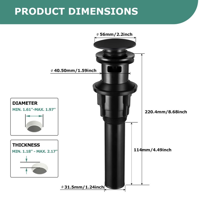 PARLOS Pop Up Drain Stopper with Overflow for Bathroom Sink Faucet Vessel Vanity, Matte Black, 20861 - Image 2